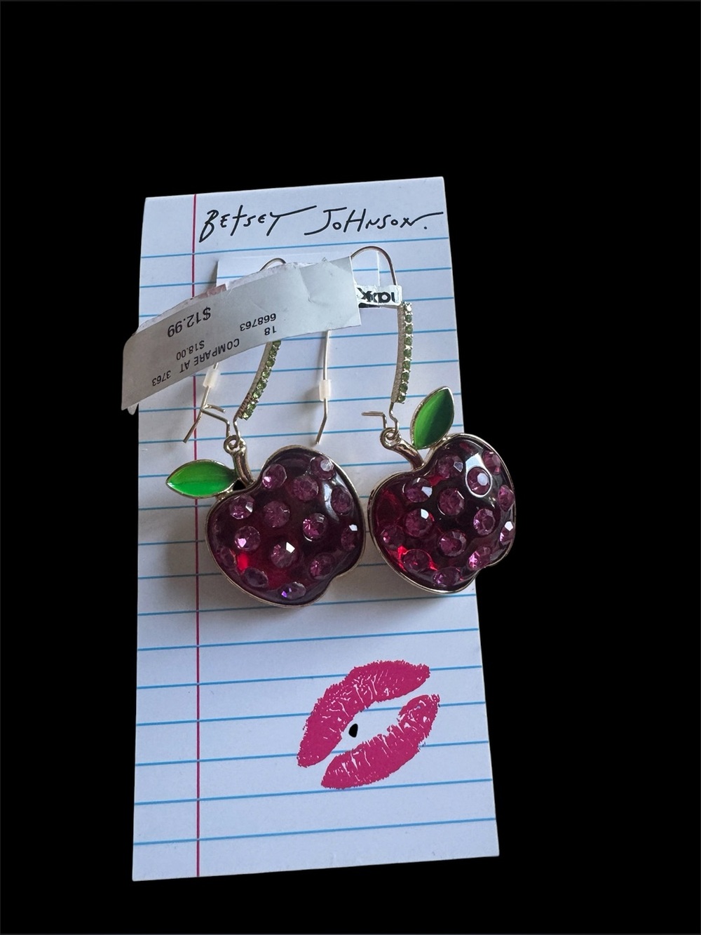 Betsey Johnson NWT Fushcia Pink Green Rhinestone Apple Long Wire Dangle Earrings